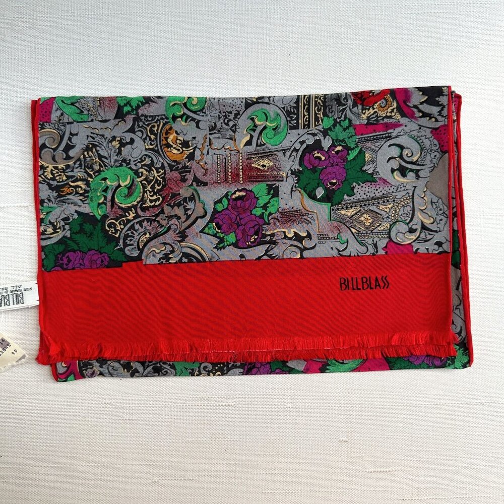Bill Blass Silk Scarf NWT Red Paisley Floral 11x57 Vintage